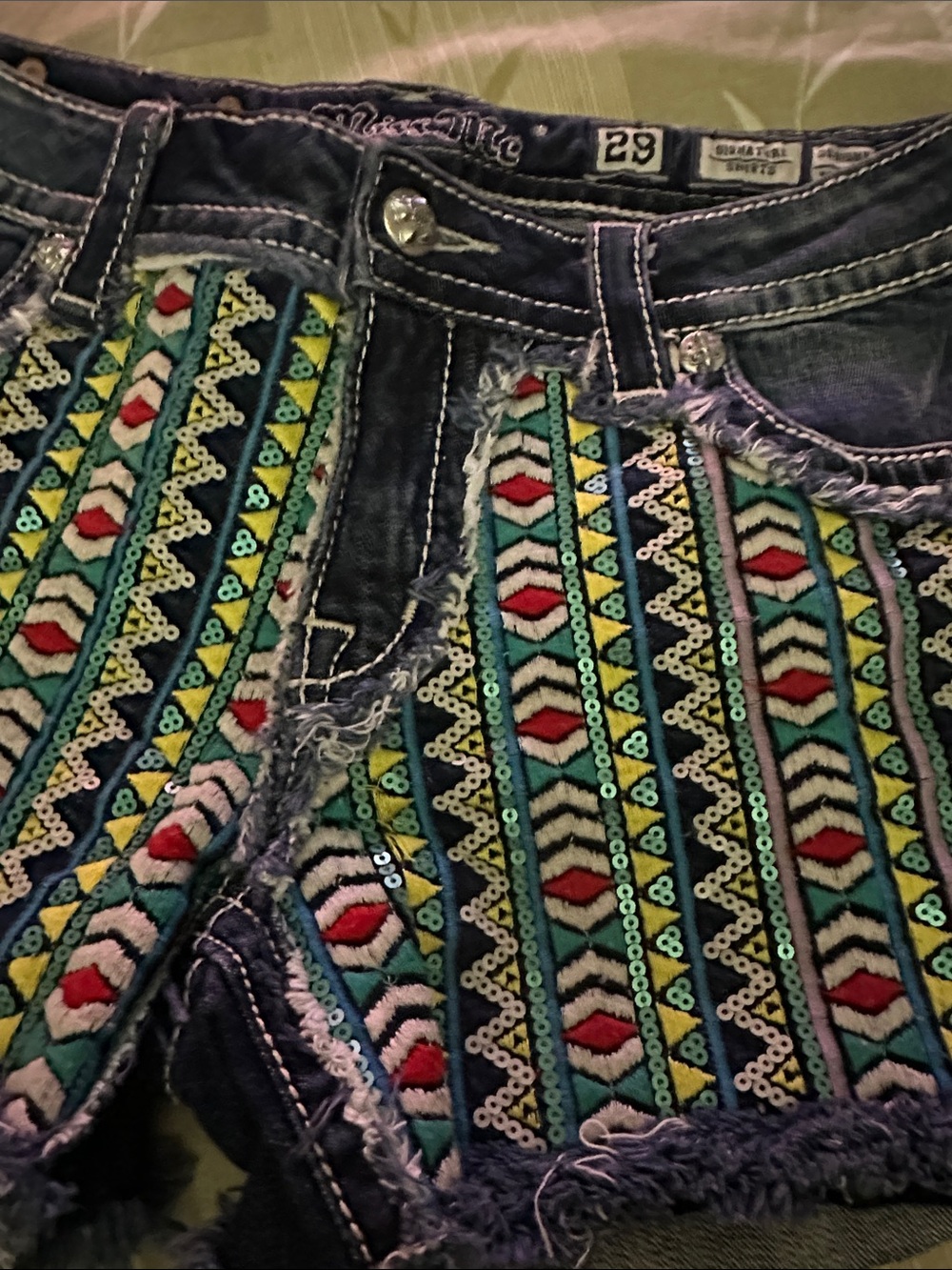 Miss Me Embroidered Tribal Denim Shorts - Blue - Picture 2 of 7